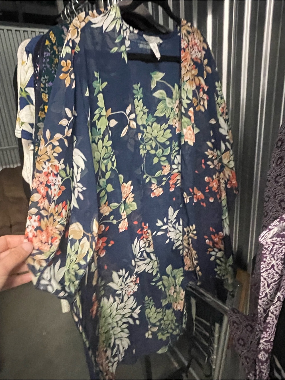 emory park Navy Floral Kimono Wrap with Green and Peach Accents